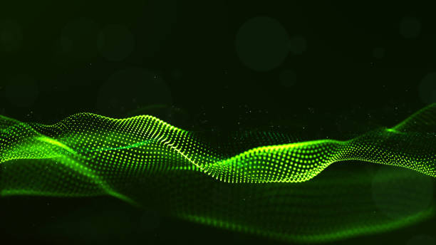 istock Abstract green color digital particles wave with dust and light background 1090011356