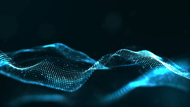 Abstract blue color digital particles wave with dust and light background
