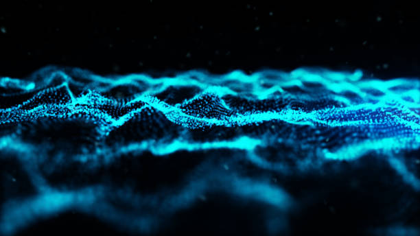 istock Abstract blue color digital particles wave with dust and light background 1090011430