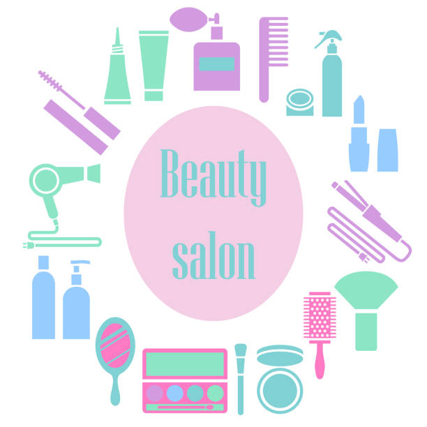 ilustraciones, imágenes clip art, dibujos animados e iconos de stock de conjunto de artículos de salón de belleza con letras "salón de belleza" - computer icon symbol hair gel hair salon