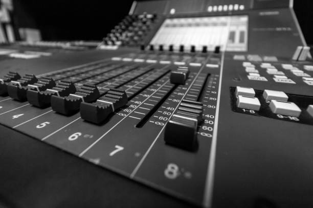 istock Closeup view of Faders on Professional digital Audio mixing control Console 1090014912