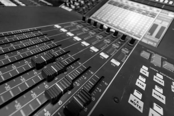 istock Closeup view of Faders on Professional digital Audio mixing control Console 1090014960