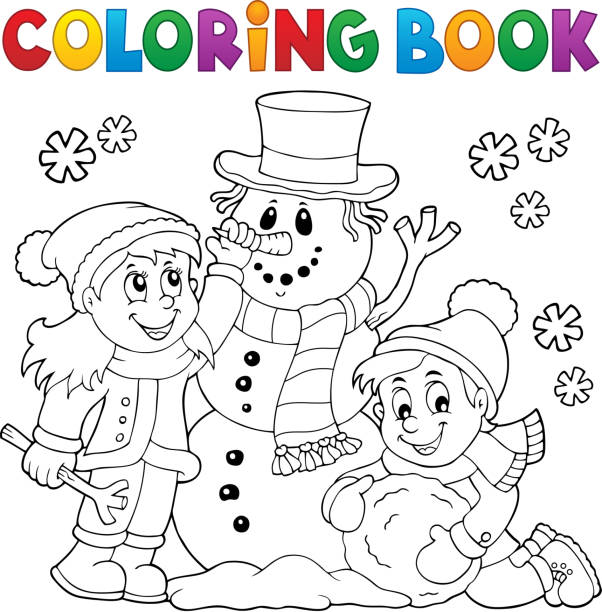 Coloring book kids building snowman 1 vector art illustration