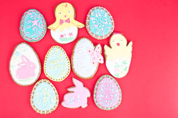 istock Easter homemade gingerbread on red background 1090031904