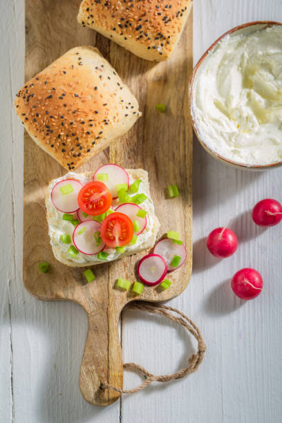 istock Top view of sandwich with bread, fromage cheese and radish 1090034232