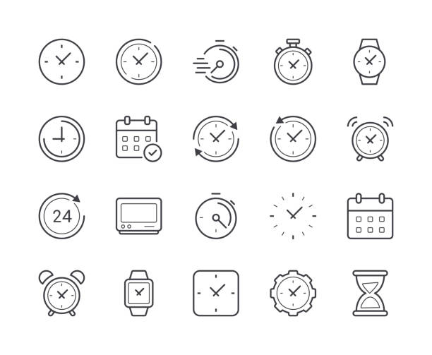 ilustraciones, imágenes clip art, dibujos animados e iconos de stock de simple conjunto de icono de línea de reloj y tiempo. movimiento editable - stopwatch symbol computer icon watch