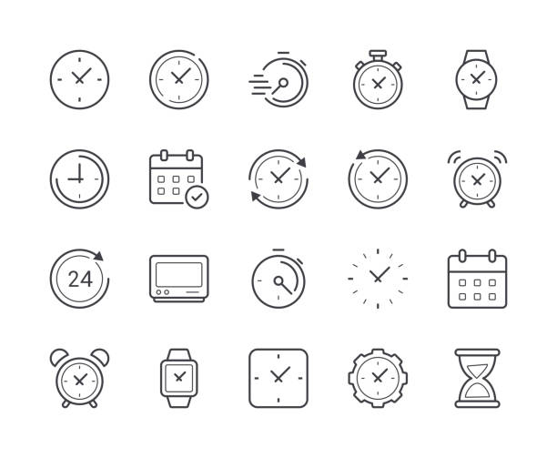 시간과 시계 라인 아이콘의 간단한 세트입니다. 편집 가능한 스트로크 - 시계 일러스트 stock illustrations