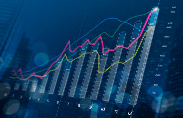 ビジネスの成長、進行状況または成 功のコンセプト。金融の棒グラフと暗い青色の背景にフィールドの深さと成長のグラフ。 - グラフ ストックフォトと画像