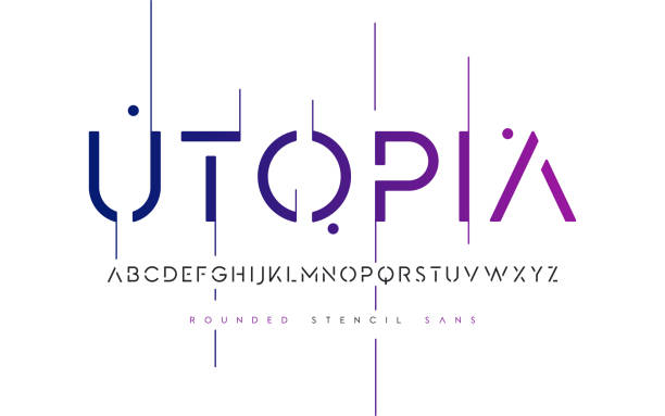 둥근된 스텐실 san serif, 알파벳, 대문자, 인쇄 술. - techno stock illustrations