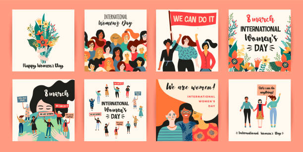 International Womens Day. Vector templates with women different nationalities and cultures. International Womens Day. Vector templates with women different nationalities and cultures. Struggle for freedom, independence, equality. girl power stock illustrations