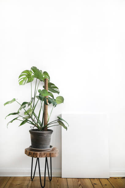 istock Interior poster painting mock up with empty canvas standing on wooden floor, deco element and plant in room with white wall. Interior design photography with copy space 1090054086
