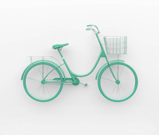 Single retro bicycle painted in monochrome turquoise. Isolated on white background. Abstract concept. 3D render. bicycle basket stock pictures, royalty-free photos & images