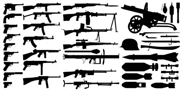 Vector illustration of Firearms arsenal, military weapons collection. Isolated set vector silhouette. Objects pistol, machine gun, sniper rifle, grenade launcher, submachine gun. Retro, World War 2