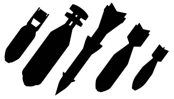 bomba lotnicza, ustawić sylwetkę wektora. bomba lotnicza, pocisk balistyczny, broń jądrowa - violent wind stock illustrations