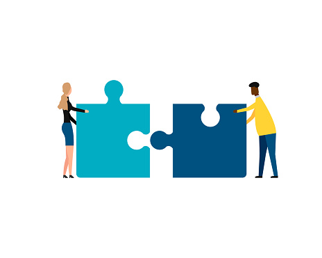 Business concept. Teamwork metaphor. Two businessmen connecting puzzle elements. isolated on white background. Vector illustration. Eps 10.