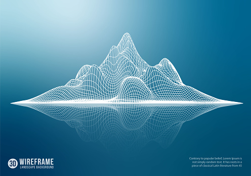 Abstract wireframe mountain with reflection. 3D grid technology illustration landscape. Vector illustration.