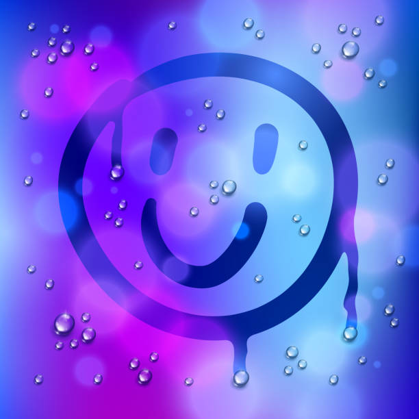 Cute smiley drawn on a window over blurred background and water rain drops, vector realistic illustration, happy when its rainy weather beautiful art. Cute smiley drawn on a window over blurred background and water rain drops, vector realistic illustration, happy when its rainy weather beautiful art. water condensate stock illustrations