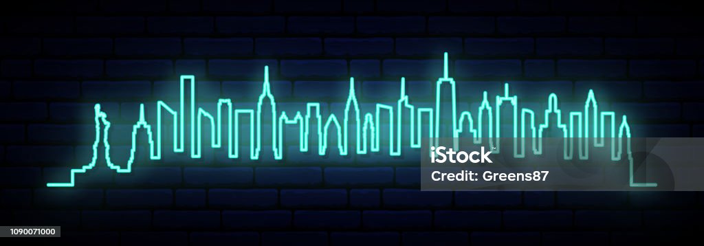 Blue neon skyline of New York city. Bright NYC long banner. Vector illustration. New York City stock vector