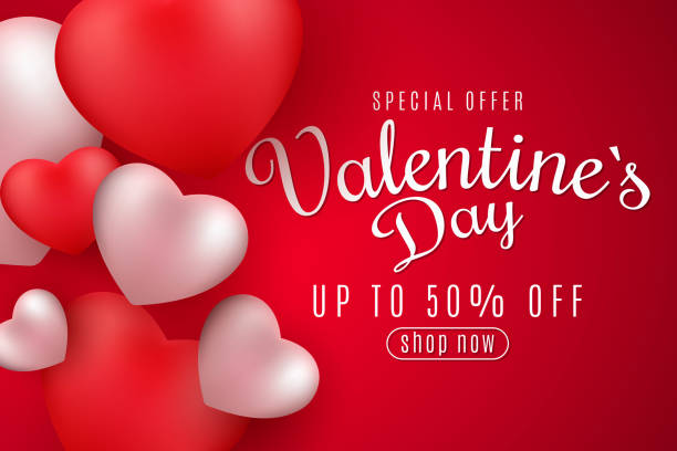 istock Valentine's Day banner for sale. Romantic 3D hearts on a red background. Special offer. Lettering and calligraphy. Festive web banner. Vector illustration. EPS 10 1090071308
