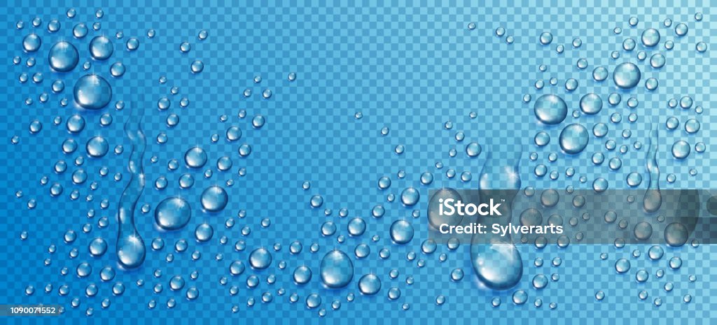Water rain drops or condensation in shower realistic transparent 3d vector composition over transparency checker grid, easy to put over any background or use droplets separately. Water stock vector