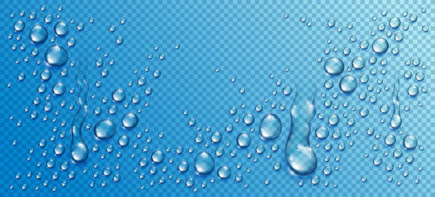 Water rain drops or condensation in shower realistic transparent 3d vector composition over transparency checker grid, easy to put over any background or use droplets separately. Water rain drops or condensation in shower realistic transparent 3d vector composition over transparency checker grid, easy to put over any background or use droplets separately. blue condensation stock illustrations