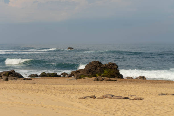 Atlantic beach in Portugal. Ocean beach in Madalena, near Porto, Portugal. Yellow sand and lots of big rocks, big waves on atlantic ocean. madalena stock pictures, royalty-free photos & images