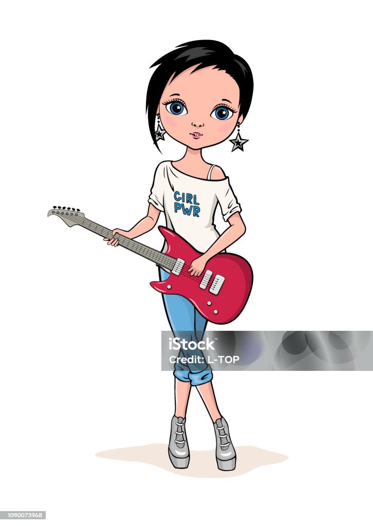 Cute Cartoon Fashion Girl With Red Electric Guitar Isolated Funny Hand  Drawn Character On The White Background Vector Illustration Stock  Illustration - Download Image Now - iStock