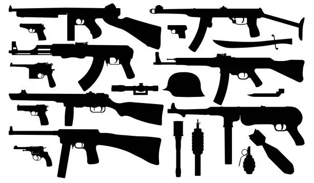 Vector illustration of Military weapons, submachine gun silhouette vector
