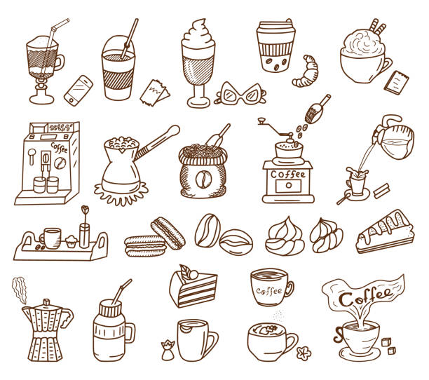 Coffee Theme Doodle Set Coffee Theme vector doodle set. Coffee and dessert. food cake tea sketch stock illustrations