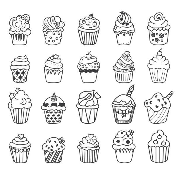 cupcake vektor doodles set - muffin cupcake cake chocolate stock-grafiken, -clipart, -cartoons und -symbole