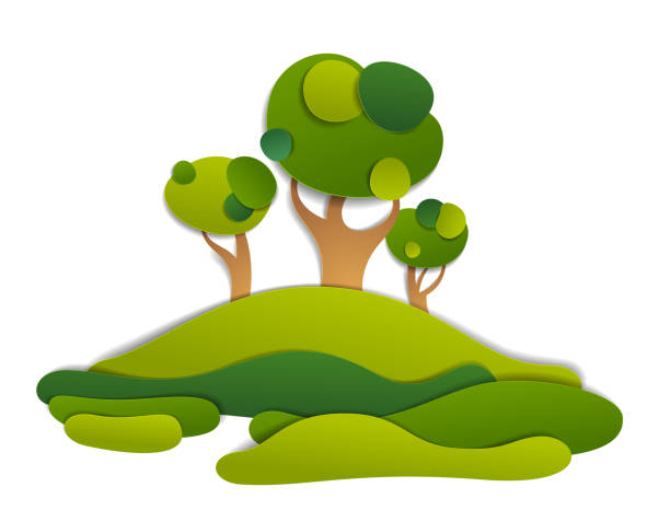 istock Scenic landscape of meadows and trees, summer fields and grasslands vector illustration in paper cut kids style. Summer holidays in countryside, travel and tourism. 1090088944