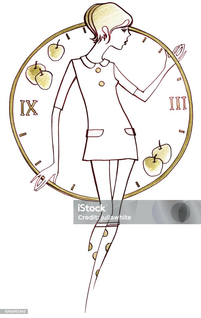Young girl in fashion dress 1960 Young girl in fashion dress 1960  against the background of the dial with apples,  on a white background 1960-1969 stock illustration