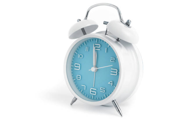 istock Table alarm clock with time 1 minute to 12 hours with blue clock face, 11.59 AM PM, on white background 1090092366