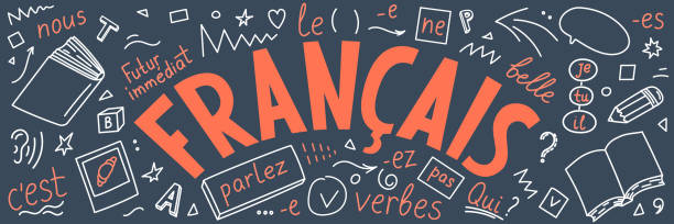 Francais.  Translation: "French". French language hand drawn doodles and lettering. Francais.  Translation: "French". French language hand drawn doodles and lettering. Language education illustration. french language learn stock illustrations