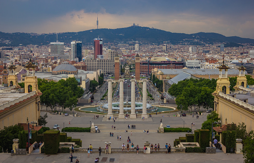 A picture of the area around Plaça d'Espanya, in Barcelona, with its many landmarks.