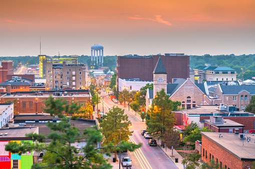 Columbia, Missouri, USA downtown city skyline at twilight.