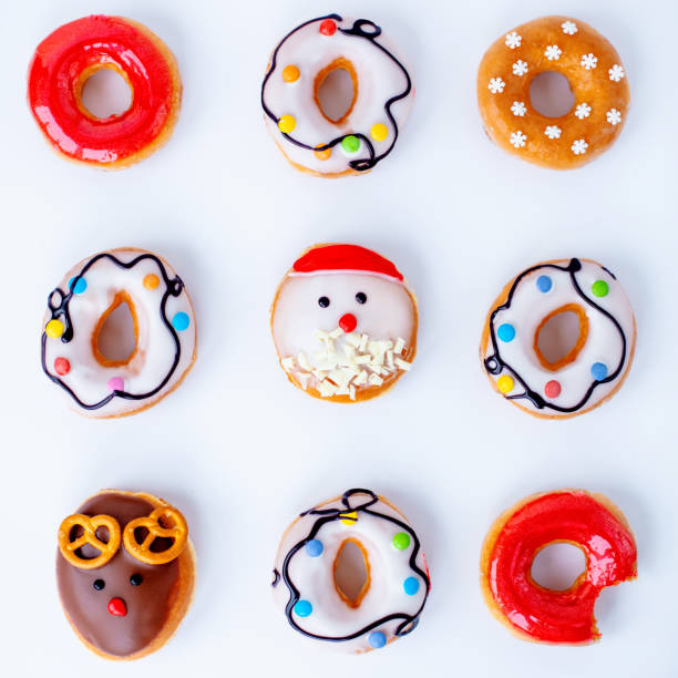 istock Aerial view of kid hand picking donuts. Flat lay. 1090097738