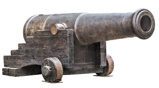 Heavy cast iron fortification smoothbore Carronade, mounted on Garrison Carriage, isolated on white background.