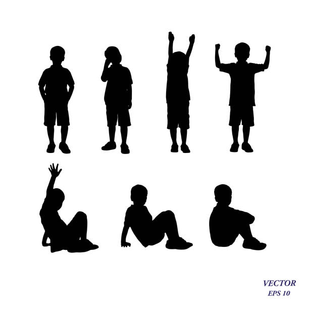 ilustraciones, imágenes clip art, dibujos animados e iconos de stock de silueta de vector de chico de pie y localización en diferentes poses. - silhouette back lit little boys child
