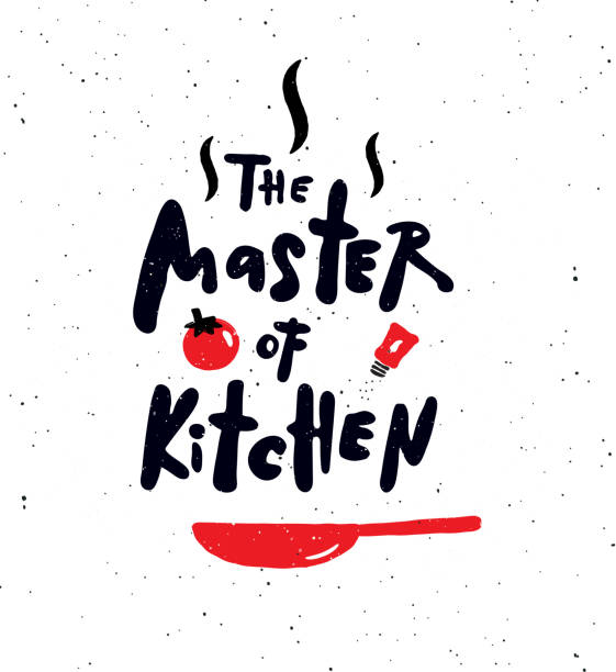The master of kitchen. Hand written lettering banner with food illustration. Design concept for cooking classes, courses, food studio, cafe, restaurant. chef designs stock illustrations