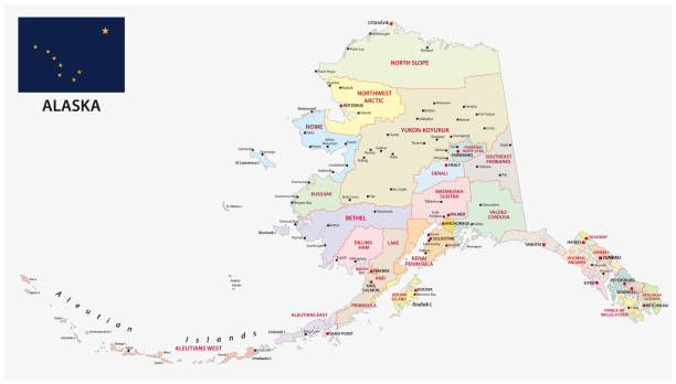 alaska administrative and political map with flag alaska administrative and political map with flag southeastern alaska stock illustrations