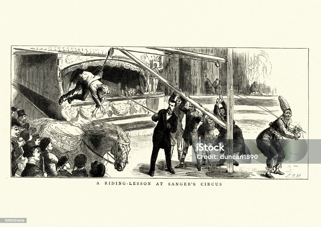 Riding lesson at Sanger's Circus, 19th Century Vintage engraving of Riding lesson at Sanger's Circus, 19th Century.  The Graphic 1884 Archival stock illustration