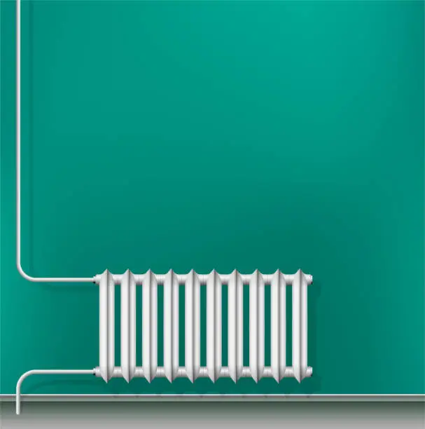 Vector illustration of Cast-iron central heating radiator in the apartment. White radiator on the background of the azure wall. Realistic look.