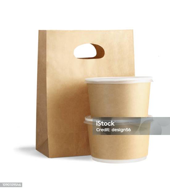 Takeaway Paper Bag And Containers Stock Photo - Download Image Now - Take Out Food, Food, Bag