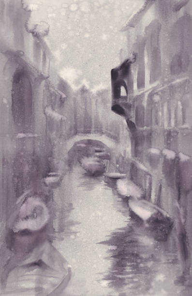 istock Venice in snow watercolor landscape. A canal with gondolas under the bridge 1090111934