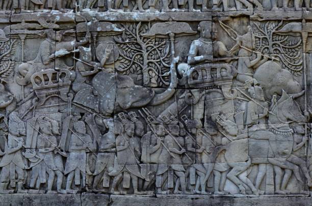 stone carvings on the wall of bayon temple at siem reap in cambodia. - 6646 imagens e fotografias de stock