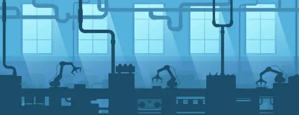 Vector illustration of Industrial interior of factory, plant. Silhouette industry enterprise. Manufacturing 4.0.