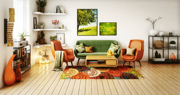 70s Style Living Room Digitally generated 70s style living room interior design.

The scene was rendered with photorealistic shaders and lighting in Autodesk® 3ds Max 2016 with V-Ray 3.6 with some post-production added. coffee table photos stock pictures, royalty-free photos & images
