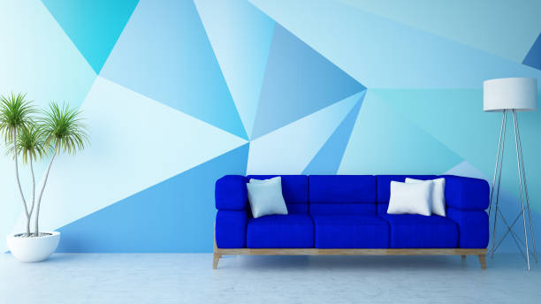 istock Modern Living Room with Sofa and Blue Geometric Wall 1090129426