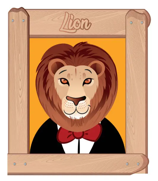 Vector illustration of Red bow tie lion and Wooden Frame